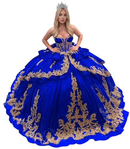 Ftupza Gold Lace Appliques Quinceanera Dresses with Bow Sparkly Tulle Ball Gown Beaded Sweetheart Sweet 16 Dress