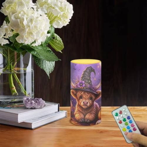 Image of Poceacles Flameless LED Candle Battery Powered Votive Lights Realistic Pillar Candle Decorative Tea Lights for Home Party Indoor Outdoor Decor, Wizard Hat Highland Cow Pumpkin Violet