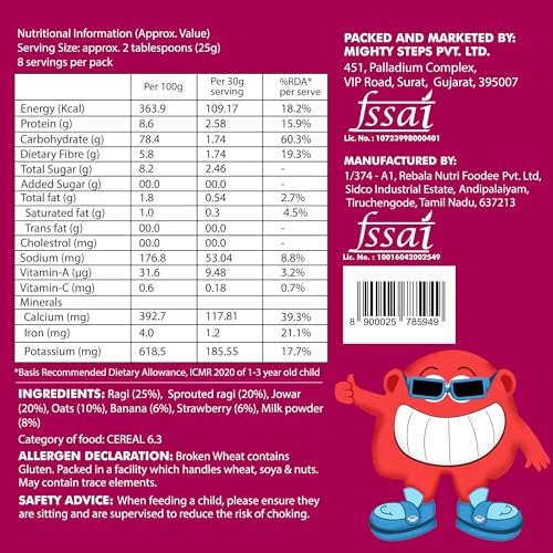 Image of Bebe Burp No Added Sugar Instant Cereal | Ragi, Strawberry and Banana with Milk | No Preservatives No Salt | Made with Jowar and oats, 200g