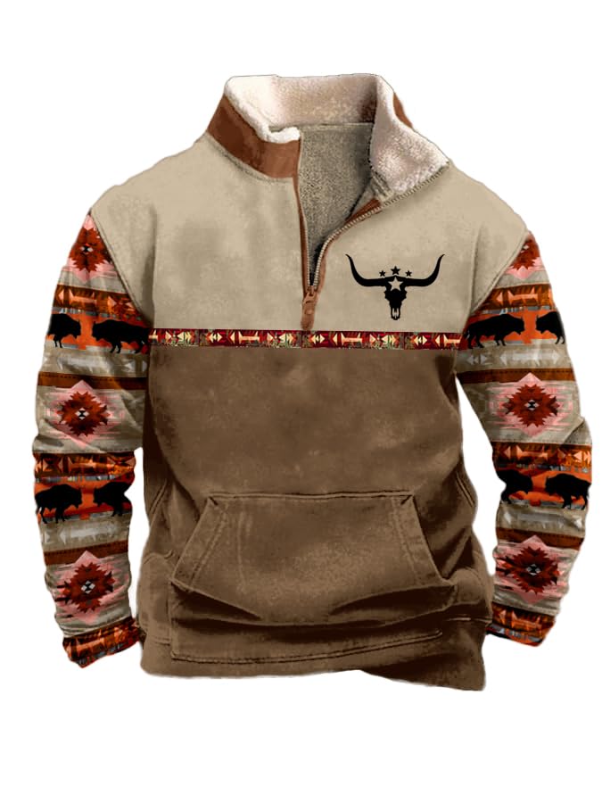 Mens Aztec Cowboy Fleece Sweatshirt Vintage Bull Head Print 1/4 Zip up Hoodie Western Ethnic Trendy Graphic Pullovers