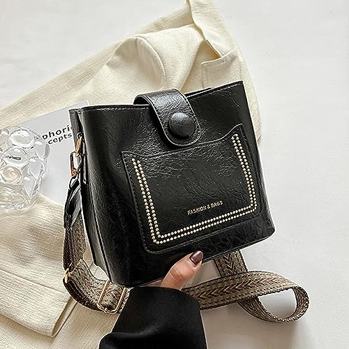 Image of Small Crossbody Bag for Women Trendy Vegan Leather Shoulder Bucket Bag Hobo Handbags with 2 Adjustable Guitar Straps (Black)