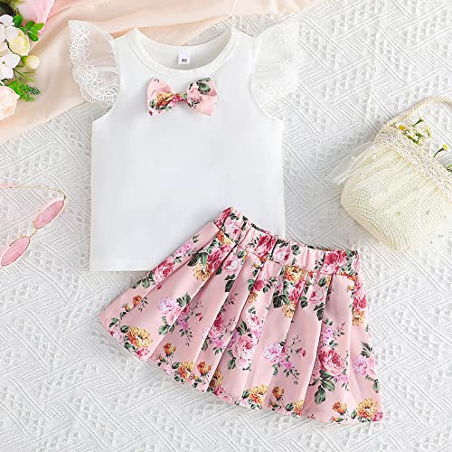 DDDHL Roupas infantis de verão 2024 para meninas com estampa floral e manga voadora com laço (branca