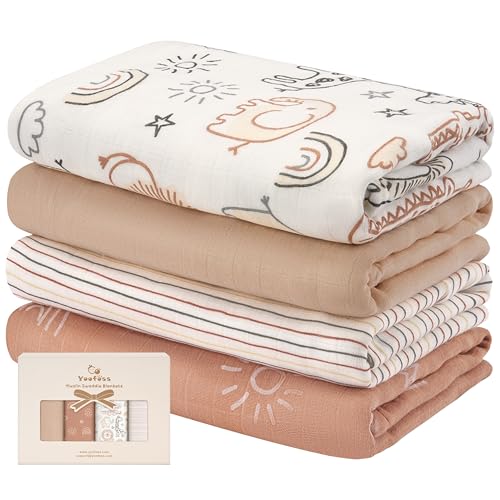 Yoofoss Couverture d’Emmaillotage pour Bébé Lot de 4 Langes de Gaze de Coton et Bambou 120x120 cm pour l’Emaillotage Couche Plaid Gigoteuse Couverture Serviette Bavoir