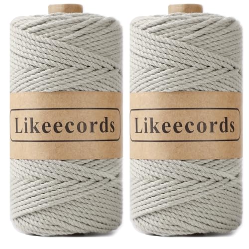 Likeecords 2 Rolls of Cotton Macrame Cord, 3mm x 100m, 3 Strand Twisted, Macrame Rope, Craft Cord for Knitting, Plant Hangers, Christmas Wedding Decor (Gray)