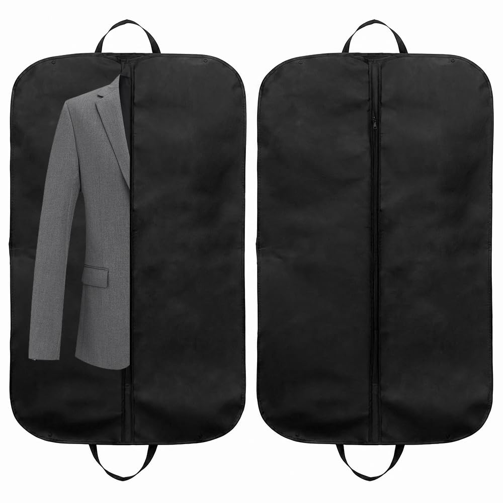 2 Pack Premium Suit Bags for Men & Women, Black Garment Bags with Handles & Full Zipper, Breathable Dust Covers for Clothes Storage Travel, Foldable Suit Carrier for Coats, Dresses Jackets (2)