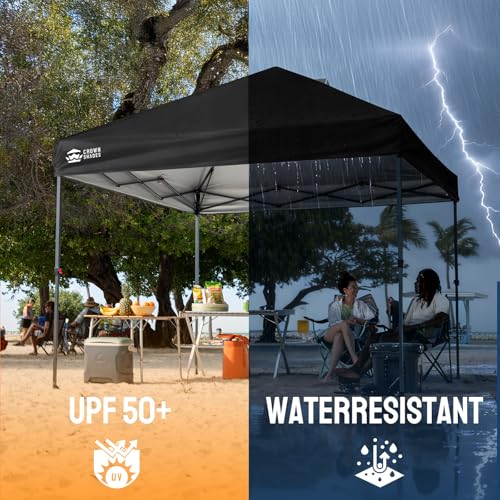 Image of CROWN SHADES 10x10 Pop Up Canopy Tent, Outdoor Canopy, Black | Patented CENTERLOK One Push Instant,Outdoor Canopy with STO-N-GO Bag,8 Stakes &4 Sand Bags,Waterproof,Vented,Beach,Camping
