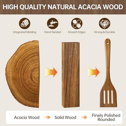 FYCTIO Wooden Utensil Set 12 PCS - Natural Non-Toxic Acacia Wooden Spoons for Cooking, Nonstick, Sturdy, Easy to Clean, Wood Kitchen Utensils Set with Holder, Spoon Rest & 6 Hooks, Ideal for Gifting — view 3