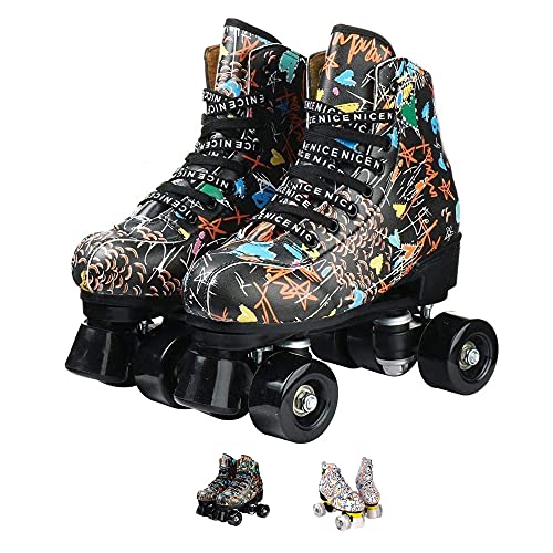 Roller Skates Women, Classic PU Leather High-top Double-Row Roller Skate. Graffiti Design Roller Skates for Beginners. Perfect to use Both Indoors and Outdoors!