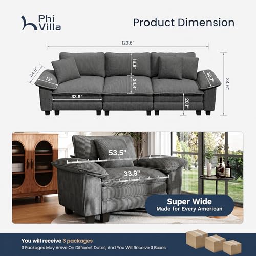 Image of PHI VILLA Modular Couches Sets, 123.6 inch Cloud Sectional Sofa with Upholstered Deep Seat, 3-Seater Couch for Living Room Apartment, Corduroy Fabric, Grey