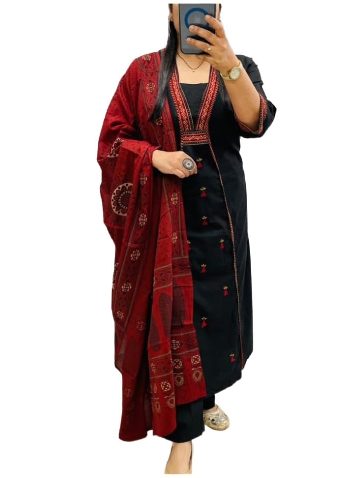 Image of ANNI Designer Navy Blue Pure Cotton A-Line Kurta Pant Dupatta Set for Women | Embroidery 3 Piece Suit with Straight Pants & Matching Dupatta | Festive Office Ethnic Wear