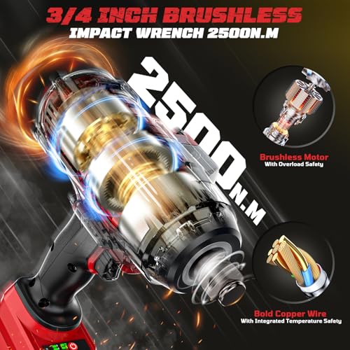 Image of Cordless Impact Wrench 3 /4 inch Compatible with Milwaukee Battery, Cerycose1850ft-lbs (2500N.m) Brushless Electric Impact Gun, High Torque Impact Driver, Heavy-Duty Automotive with 4 Sockets