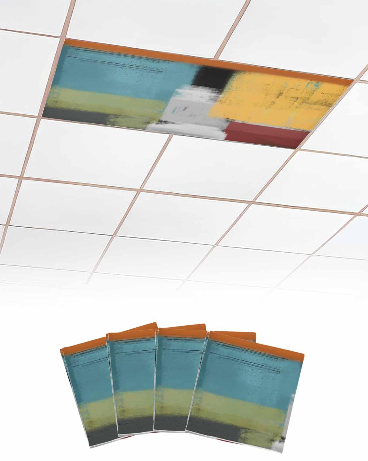 Abstract Art 4 Pcs Fluorescent Light Covers for Ceiling Lights, Turquoise Yellow Orange White Black Modern Brush Magnetic Light Filters for Eliminate Harsh Glare Classroom Office Decoration, 4 x 2 Ft