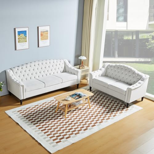 LEVNARY2-Piece Couch Set for Living Room, White Velvet Sofa Chesterfield Couch with Button Tufted Design, Loveseat & Sofa Sectional Furniture Set for Apartment Home Office (White, 2+3)