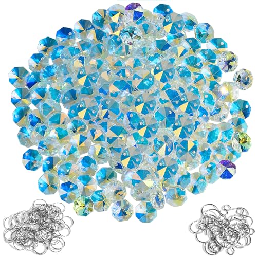 240Pcs Crystal Suncatcher Beads 150 14mm Crystal Glass Octagon Beads with 2 Hole Bulk Sun Catcher Supplies Chandelier Replacement Bead for DIY Hanging Ornament Pendant (AB Color)