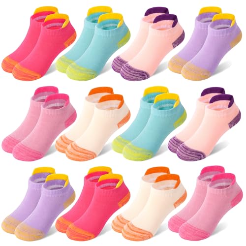 LAETBBE 12 Pairs Girls Socks Ankle Athletic Socks Cotton Sports Sock School Sock For Little Big Kids 5-7 Years