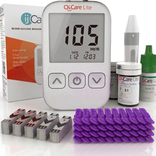 Oh’Care Lite Blood Sugar Test Kit – Blood Glucose Meter with Strips and Lancets, Lancing Device, Log, and Case - One Touch Eject Glucometer (110 Strips, 125 Lancets, & Control Solution)