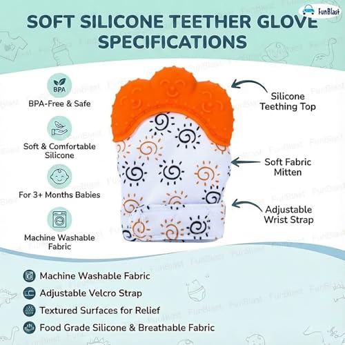 Image of FunBlast Baby Teething Mitten - Soft Silicone Teether Glove for Infants, BPA-Free, Safe & Comfortable Teething Toy for 3+ Months Babies, Toddlers, Infants (Orange)