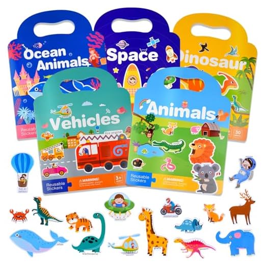 ASTARON Paquete de 5 libros de escenas reutilizables en 3D para niños de 2, 3 y 4 años, juego educativo de calcomanías de gelatina, juguetes de aprendizaje sensorial, calcomanías de viaje y libro