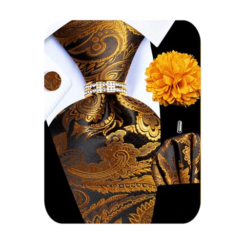Image of 5PCS Mens Silk Designer Tie, Pocket Square, Cufflinks, Drilled Tie Ring and Lapel Pin Set for Wedding Groom Party