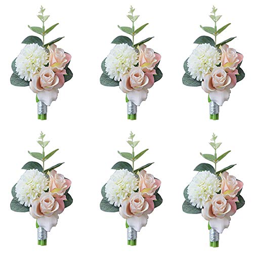 Amyseller 6 pièces Boutonnière Fleur Homme Brochesde pour Mariage Mariée Prom Costume Accessoire Champagne Rose Cover