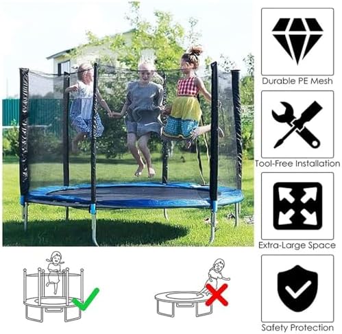 6 8 10 12 13 14 16 FT Trampoline Net, Replacement Shell Safety Net for Straight Pole Round Frame Trampoline, Nylon Barrier Net Parts with Double Zippers and Protective Buckles, Net Only