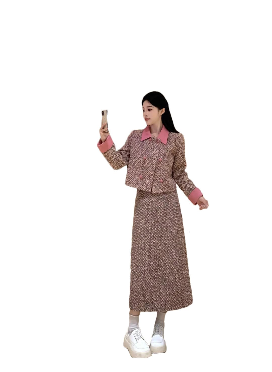 Womens Plus Size Lapel Style Jacket Skirt Two-Piece Set Winter Set