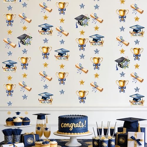Image of Blue Gold Graduation Party Hanging Streamer Floral Navy Gold Star Grad Cap Garland Banner for Congrats Grad You Did It Class of 2026 We are So Proud of You Themed Graduation Party Decorations Supplies