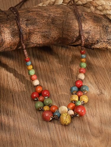 MINACHI Hippie Boho Colorful Ceramic Round Beads Strand Necklace, Bohemian Fashion Statement Jewelry Gift for Women3