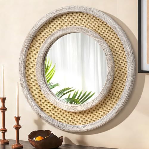 JJUUYOU Round Mirror Wood Frame Circle Hanging Mirrors for Wall Mounted 50 CM Vintage Mirror for Living Room Bathroom Bedroom Entryway Old White