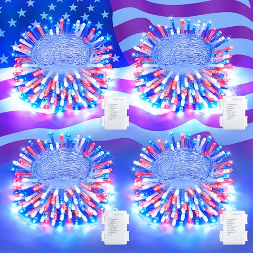 JMEXSUSS 4 Pack 50 LED Red White and Blue String Lights Battery Operated, Each 16.5ft 4th of July Lights Outdoor Waterproof, 8 Modes Patriotic Light with Timer for Independence Day Memorial Day