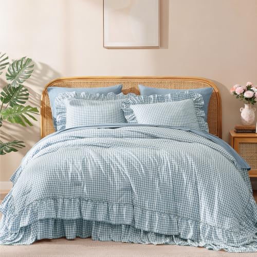 Image of King Size Comforter Set Blue Gingham Ruffle 7 Pieces Farmhouse Bed in a Bag | Shabby Chic Fluffy Bedding Sets with Sheets, Pillowcases & Shams