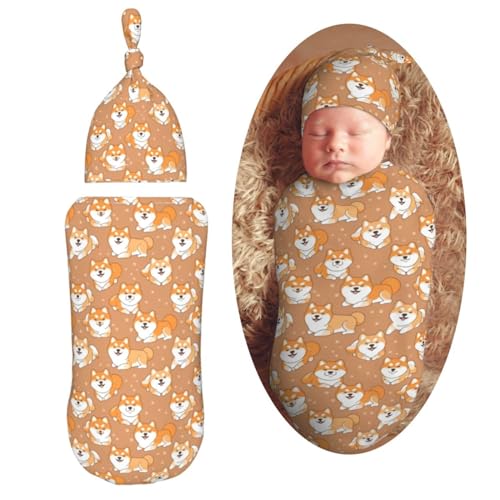 Image of Lovely Japanese Dog Newborn Swaddle Blankets Hat Sets Soft Baby Receiving Blanket Swaddle Sack for Baby Shower Infant Boy Girl Gift