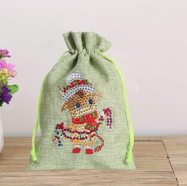 Syntego 5D DIY Diamond Art Kit I Rhinestone Christmas Reindeer Linen Gift Sack Bag for Gifts 30cm x 19cm I Hessian Style Fabric Small Diamond Art I Durable - Image 2