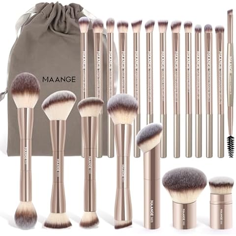 MAANGE 20 PCS Foundation Makeup Brush Set, Double-ended Kabuki Brush Contour Brush for Liquid Powder Concealer Cream Cosmetics Blending Blush Buffing Face Makeup Tools (Gold) Cover