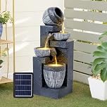 Warmiehomy Solar Water Fountain, 4 Tier Cascading Solar Water Feature, Waterfall with Solar Powered Pump and LED Lights for Outdoor, Garden Fountains and Water Features, Height 51CM, Grey
