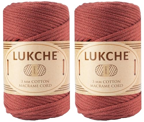 Lukche Cotton Braided Macrame Cord 3mm x 93yards (279 Feet), Colored Rope, Macrame Yarn, Colorful Cotton Craft Cord for Wall Hanging, Plant Hangers, Crafts, Knitting, (Brick, 3mm 2 Skein)