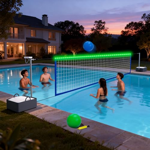 Pool Volleyball Net Set with High Brightness LED Solar Powered Lights, 15ft-32ft Adjustable Portable Volleyball Net with 40L Weighted Base for Inground Pools, 2 Ball & Pump for Family Fun, Party Games