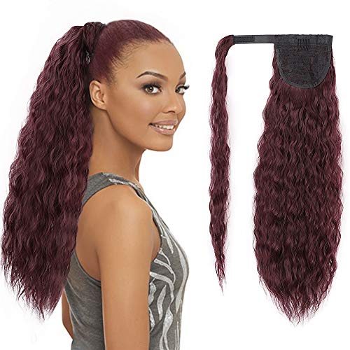 Stamped Glorious 22 Inch Long Corn Wave Ponytail Extension Magic Paste Heat Resistant Wavy Synthetic Wrap Around Ponytail Ombre Color Hairpiece for Women (R1B/BUG#)
