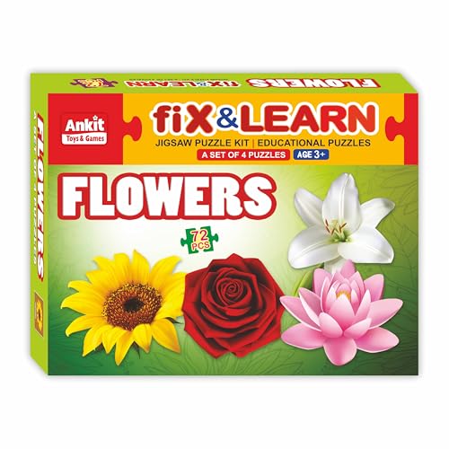 Image of Ankit Toys & Games Fix 'n' Learn Flowers Jigsaw Puzzle for Kids | Educational and Learning Toy for Kids Age 3 and Above | Boost Memory Skills | 72 Pieces Transport Puzzles (Set of 4 Puzzles in Box)