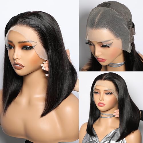 CYSDRH Bob Wig Human Hair Full 13x4 Lace Front Bob Wigs for Black Women 180% Density Unprocessed Brazilian Virgin Glueless Human Hair Wigs Pre Plucked Pre Cut - 10 Inch Bob Wig Natural Black