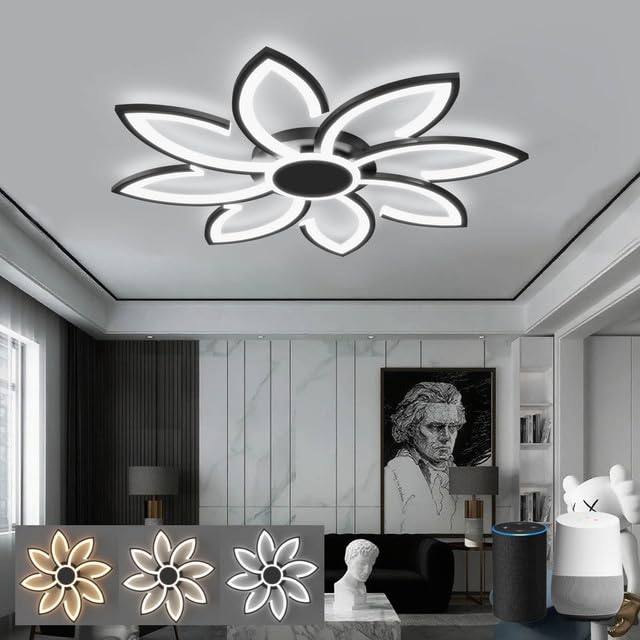 LJX 90cm Lámpara LED Techo Compatible con Alexa y Google Assistant Moderna Flor Inteligente Iluminación Luz y Mando a Distancia Negro Dimmable Temporizable para Dormitorio Salón