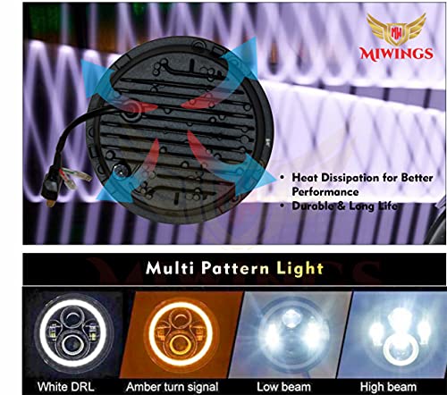 Image of Miwings 6 LED Projector Headlight with Dual Color DRL Full Ring For Mahindra Thar /Jeep /Royal Enfield Bike Models, 7 Inch, White and Amber