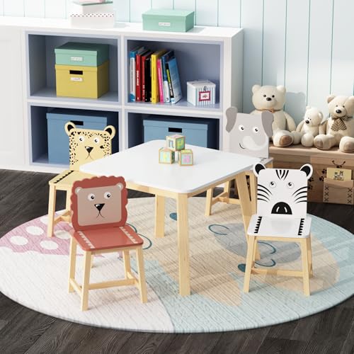 Image of Wood Table & Chairs 5 Pieces Set, Boys Girls Activity Table w / 4 Animal Shaped Chairs, Solid Wood Legs, Safe Rounded Corners, Playroom Furniture for Boys & Girls Activity Dining Drawing Craft.