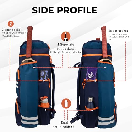 Image of WHACKK Warne 81L Cricket Kit Bag Backpack|Spacious Compartment with Dual Bat, Shoe /Helmet Pockets|Lightweight & Durable Sports kit Bag Navy Orange