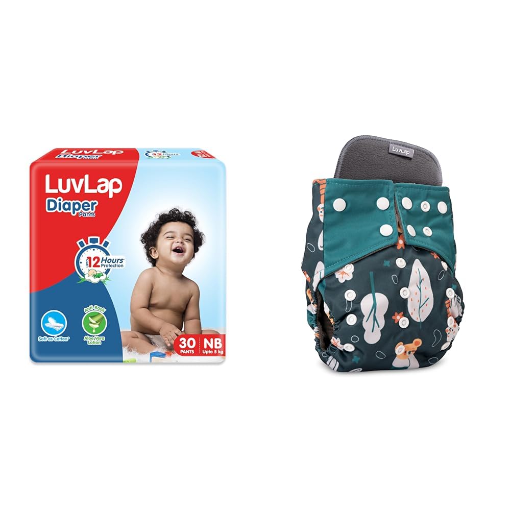 LuvLap Pant Style Baby Diapers, New Born/X-Small (NB/XS), 30 Count And Reusable Bamboo Charcoal Baby Cloth Diaper Pack Of 1