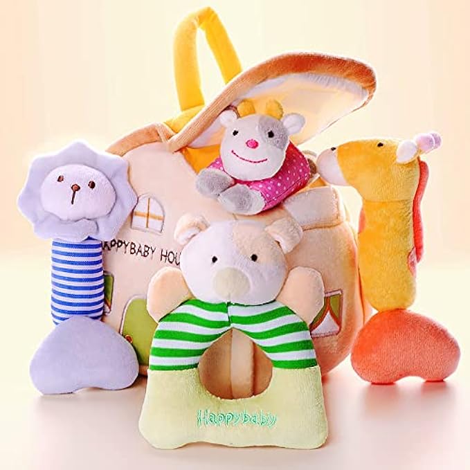 iPlay, iLearn 4 Plush Baby Soft Rattle Toys, Hand Grab Sensory Shaker, Farm Stuffed Animal Set, Infant Easter Basket Girls, Unique Newborn Shower Gifts for 2 3 6 9 12 18 Month 1 Year Old Boys Toddlers