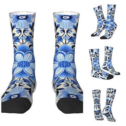 LZQPOEAS Blue Folk Art Athletic Socks Unisex Cushioned Crew Socks Hiking Running Calf Sock Soft Above Ankle Sock