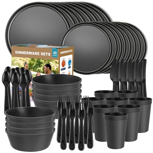 Plastic Dinnerware Sets – 40-Piece Plates and Bowls Sets with Cups, Knives, Forks and Spoons, Dishes Set for 8, Reusable Unbreakable Kitchen Dishware for Apartment, Camping, Outdoor, Black