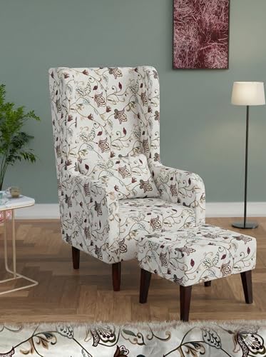 Image of Wooden Wing Chair with Ottoman Stool | Wingback for Living Room | High Density Foam | Accent Chair for Seating, Home Decor Furniture | (Ivory Vine, with Ottoman)