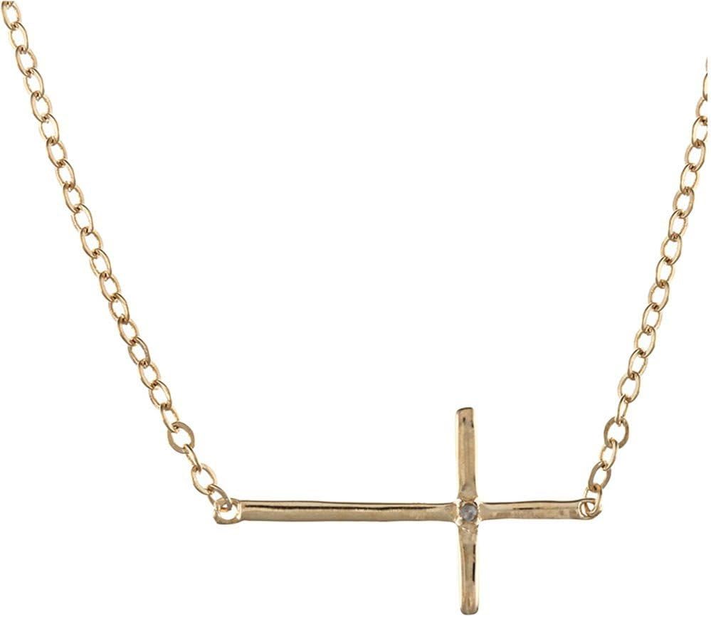 Sterling Silver 16 + 2" extension Gold Tone Sideways Cross Single CZ Communion-Confirmation Necklace